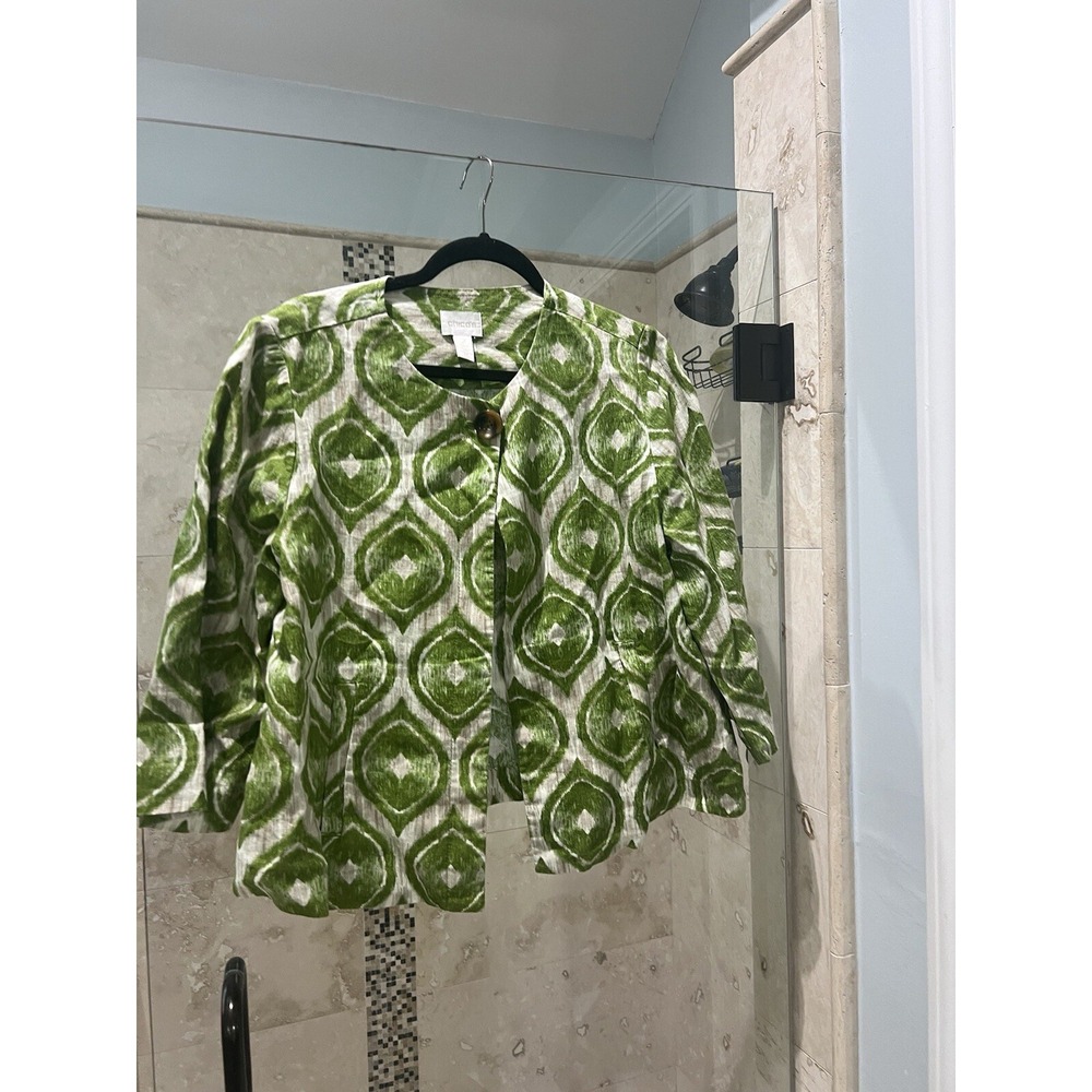 Chicos 2 L Green Linen Tan White Nomad Modern Ikat Printed Button Jacket